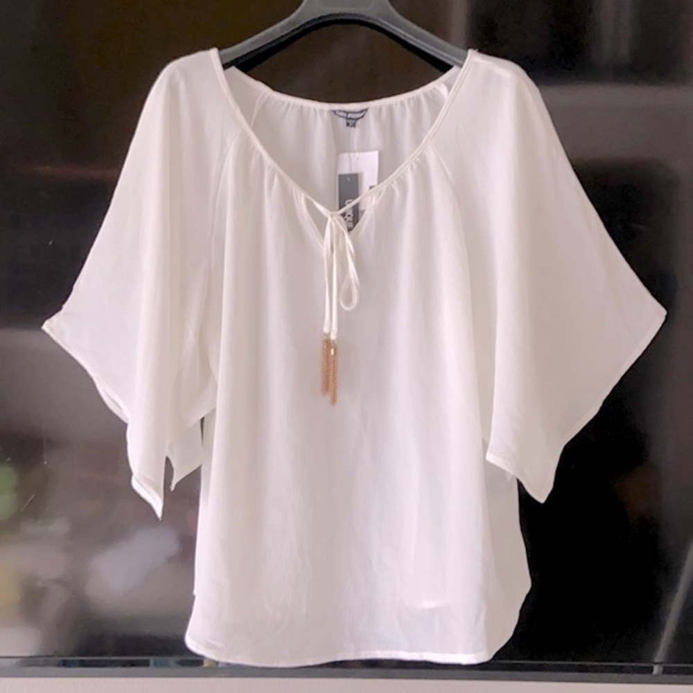 WHITE CHIFFON V-NECK 3/4 WIDE BATWING SLEEVES BLOUSE LOOSE TOP
